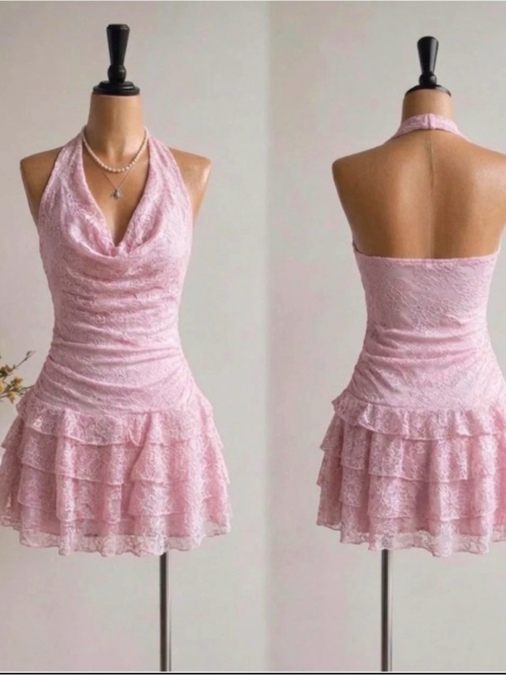 Cowl Neck Lace Tiered Mini Dress in Light Pink